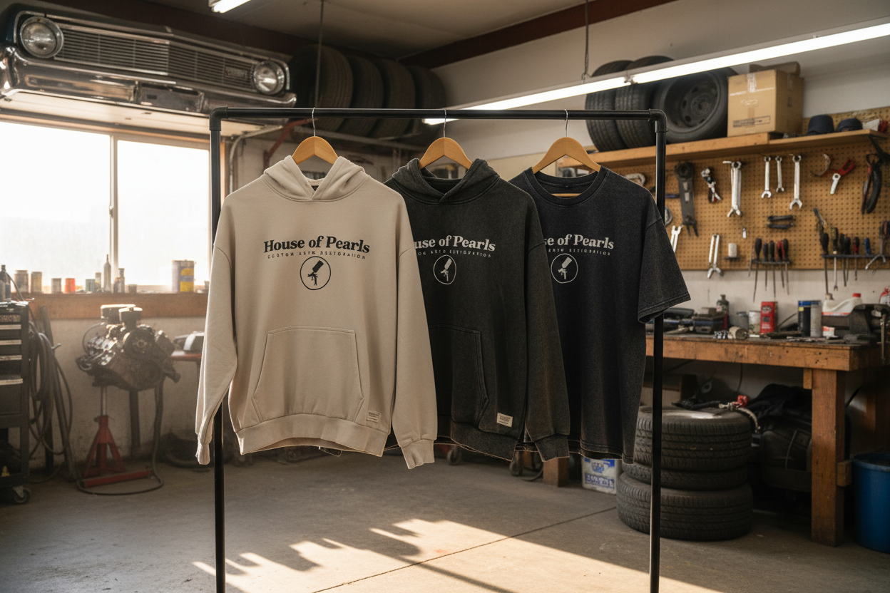 All three House of Pearls garments on clothes rack in garage