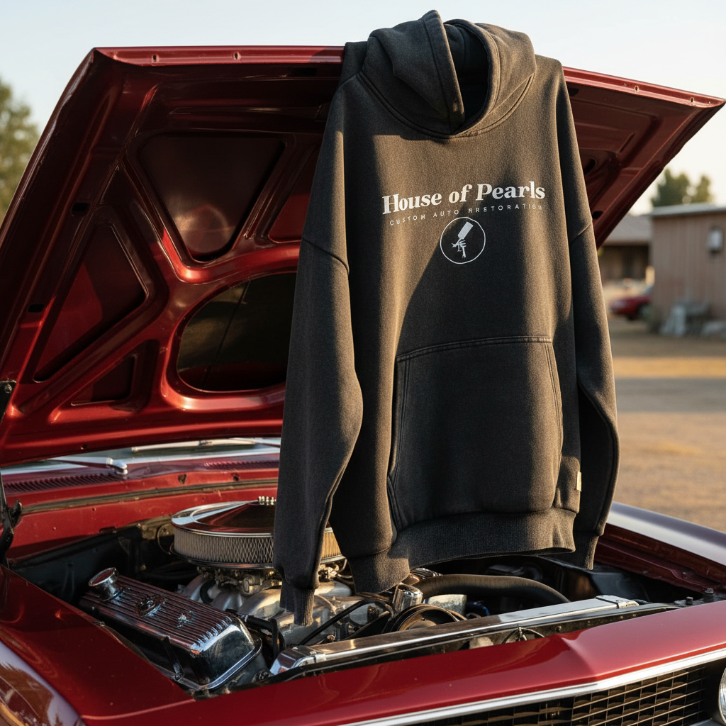 Heavyweight Vintage Hoodie on classic muscle car hood