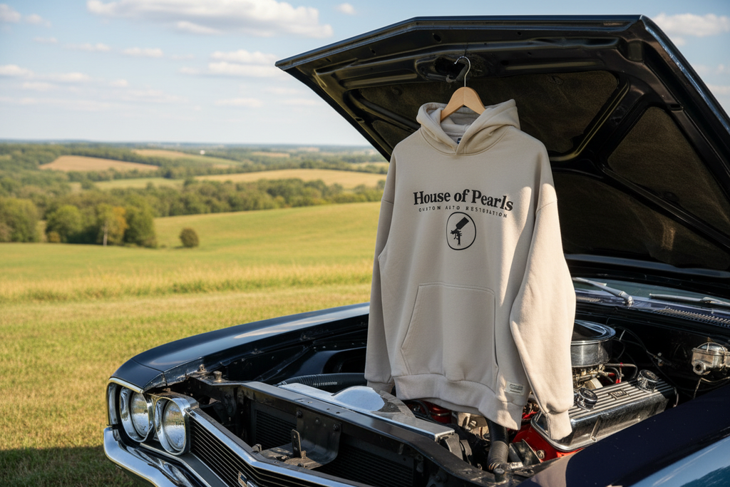 House of Pearls hoodie on hanger with muscle car