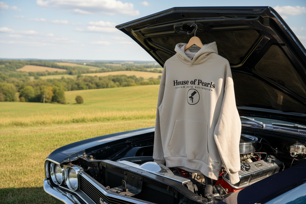 House of Pearls hoodie on hanger with muscle car