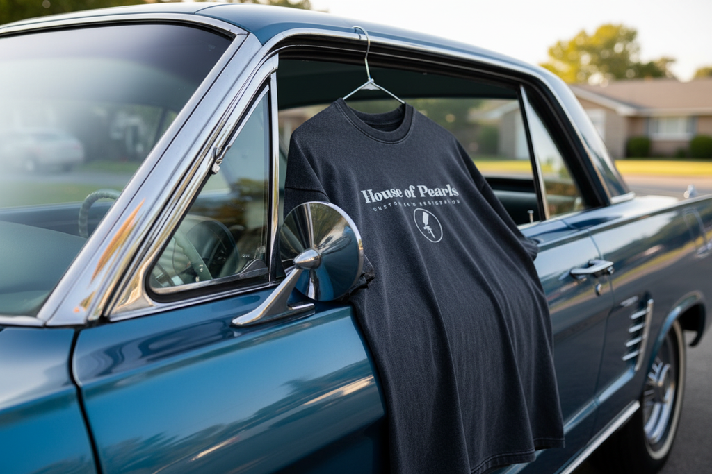 House of Pearls t-shirt on hanger hanging from side mirror